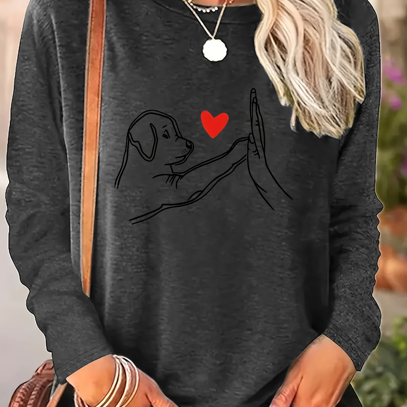 

Dog Print Crew Neck T-shirt, Casual Long Sleeve T-shirt For Spring & Fall, Women's Clothing