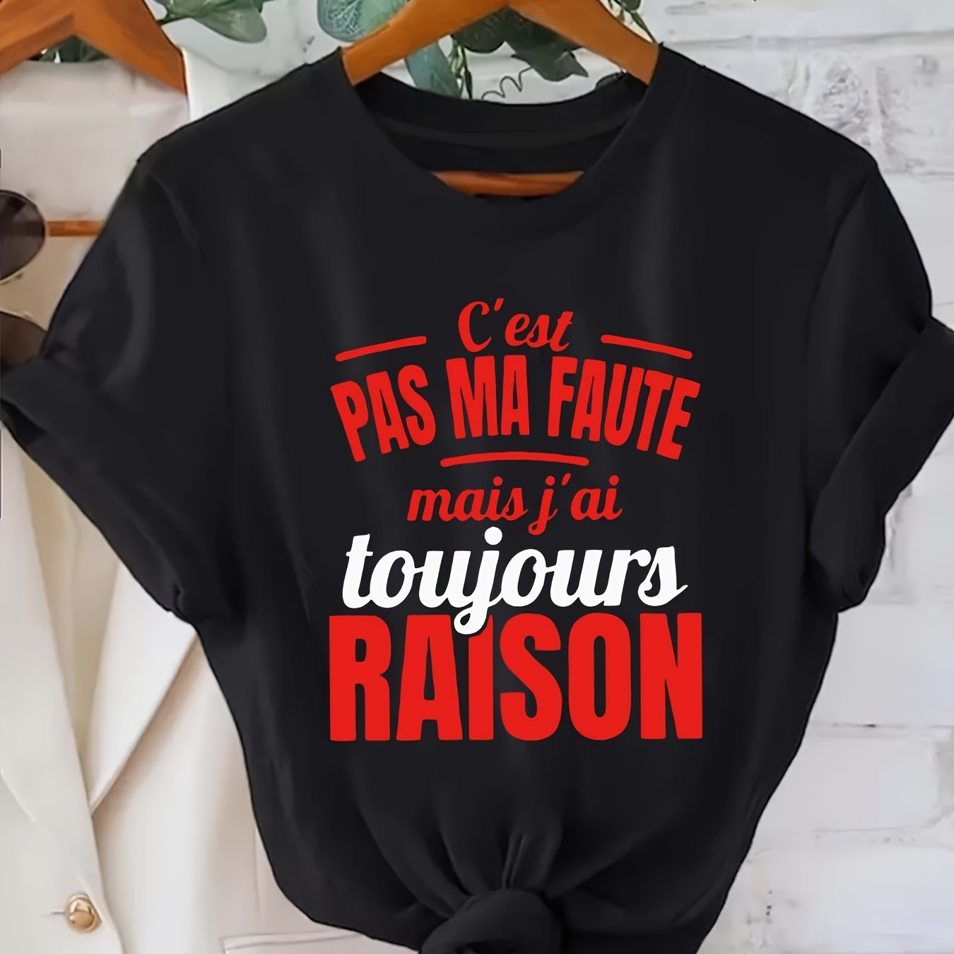 

T-Shirt Grande Taille pour Femme avec de Française - Col Rond Décontracté, Haut à Manches Courtes, Polyester, Lavable en Machine - Blanc, Haut Toutes |Style Ourlet Noué|Matériau Non Transparent