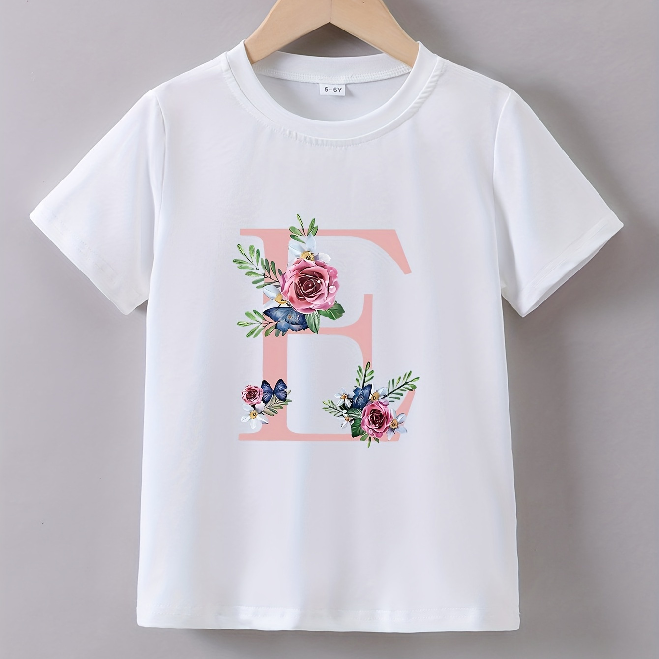 

E With Flowers Graphic Print, Girls' Casual Comfy Crew Neck Short Sleeve T-shirt For Spring And Summer, Girls' Clothes For Outdoor Activities