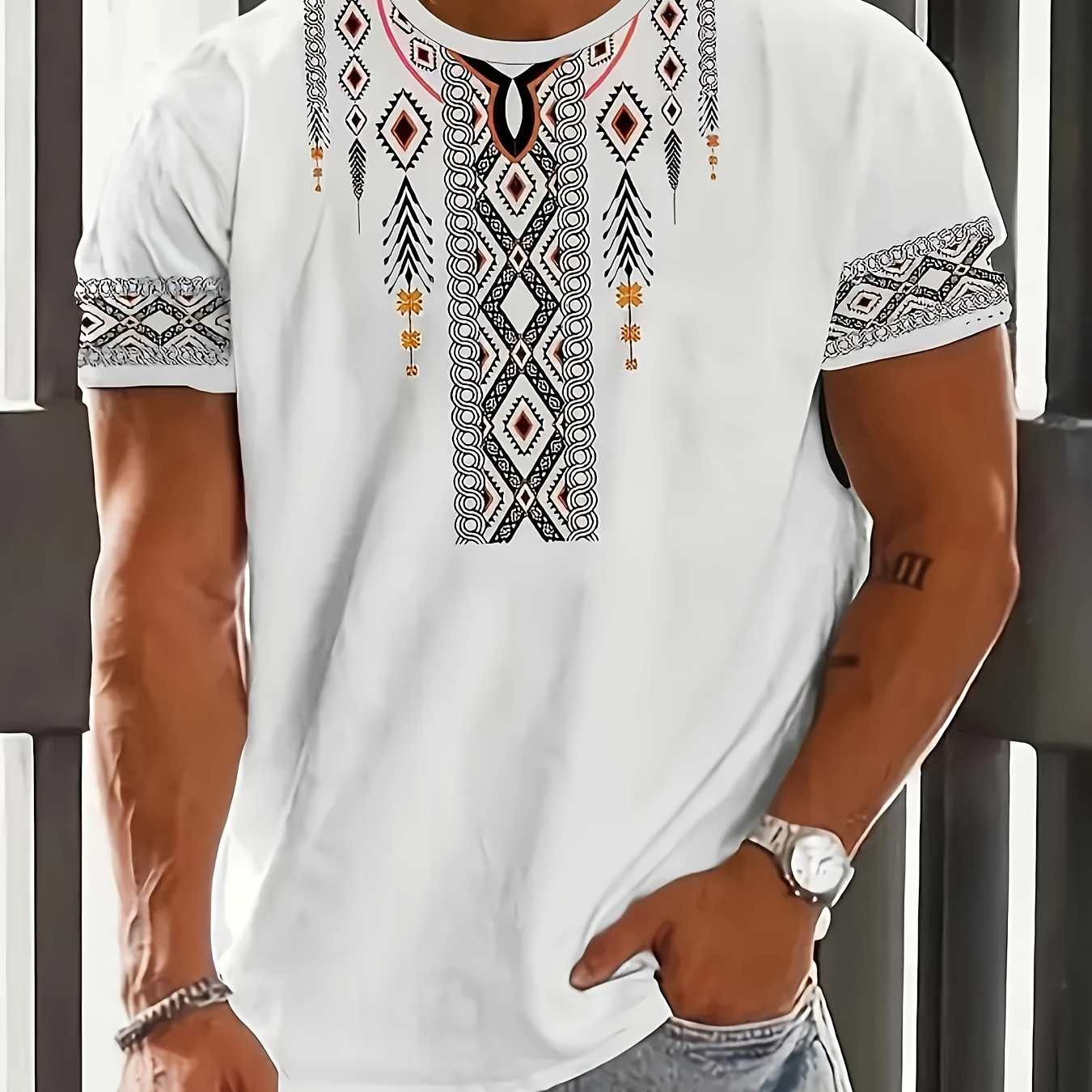 

Men's Ethnic Style Geometric Graphic Pattern Crew Neck Short Sleeve T-shirt, Stylish And Chic Retro Style Tops For Summer Outdoors And Holiday Wear