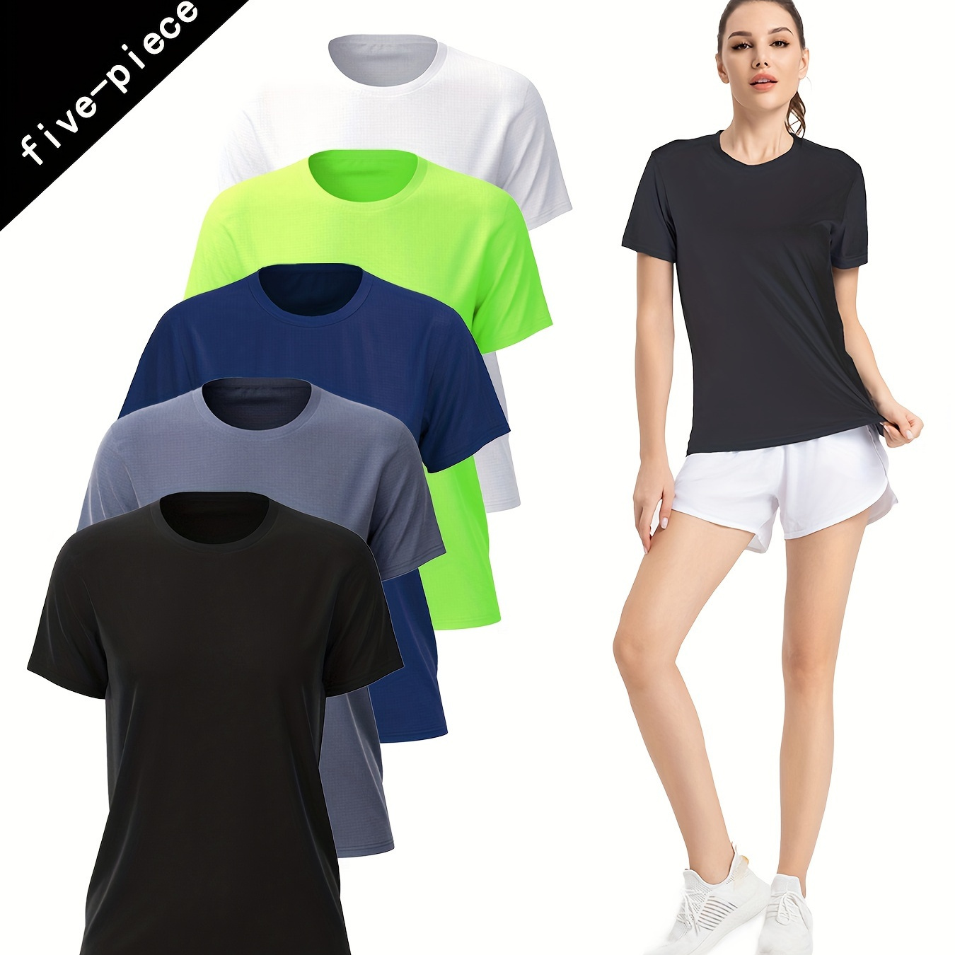 

5 Pcs Sports T-shirt, Quick-drying Breathable Running Fitness , Badminton Training Lightweight Top, Casual Round Neck Short Sleeve