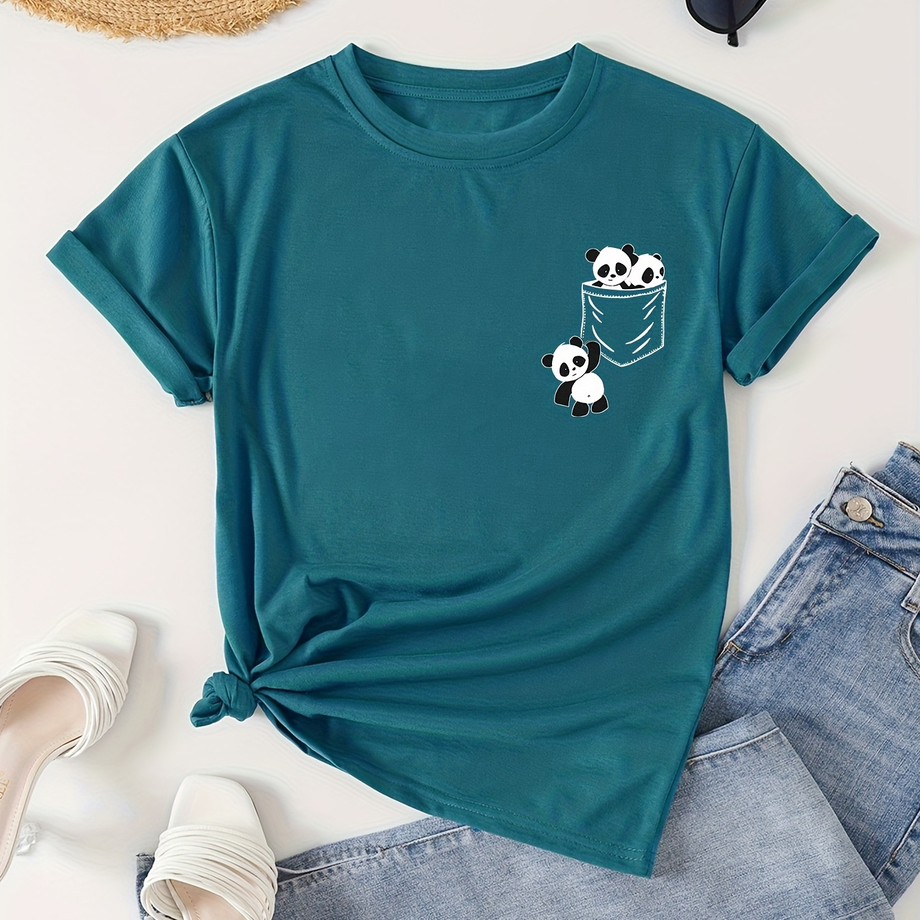 TEMU Panda Print Crew Neck T-shirt, Casual Short Sleeve T-shirt For, Women's Clothing