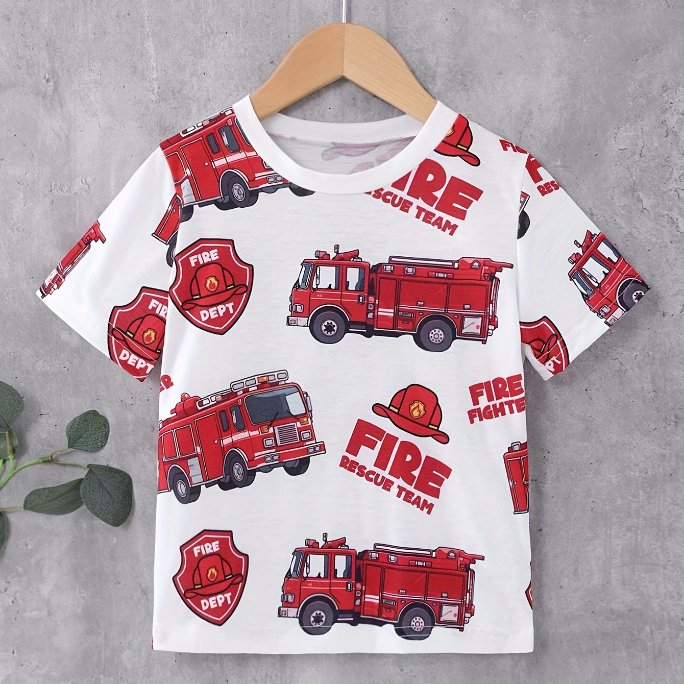

Cartoon Fire Truck Print Boys Creative T-shirt, Casual Lightweight Comfy Short Sleeve Tee Tops, Boys Clothes For Summer