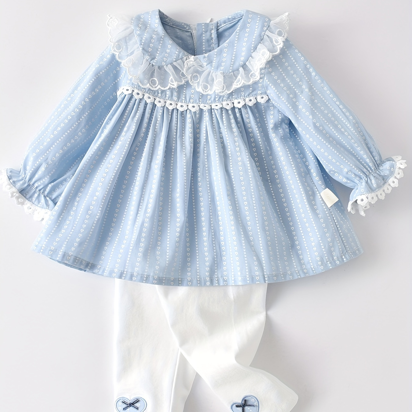 

Adorable Baby Girl Spring/fall Outfit - Long Sleeve Lace Trim Puff Princess Dress Top & Pants Set