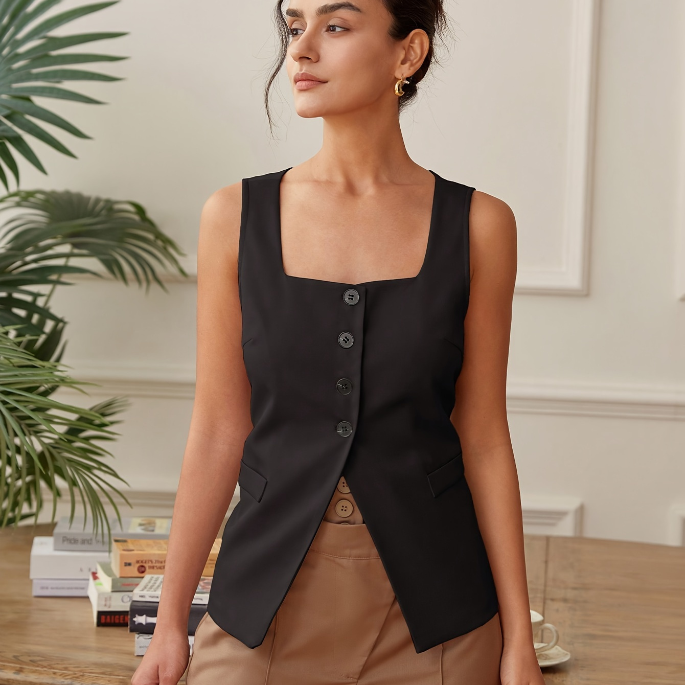 

Solid Color Button Front Square Neck Tank Top, Elegant Sleeveless Vest For Spring & Summer, Women's Clothing