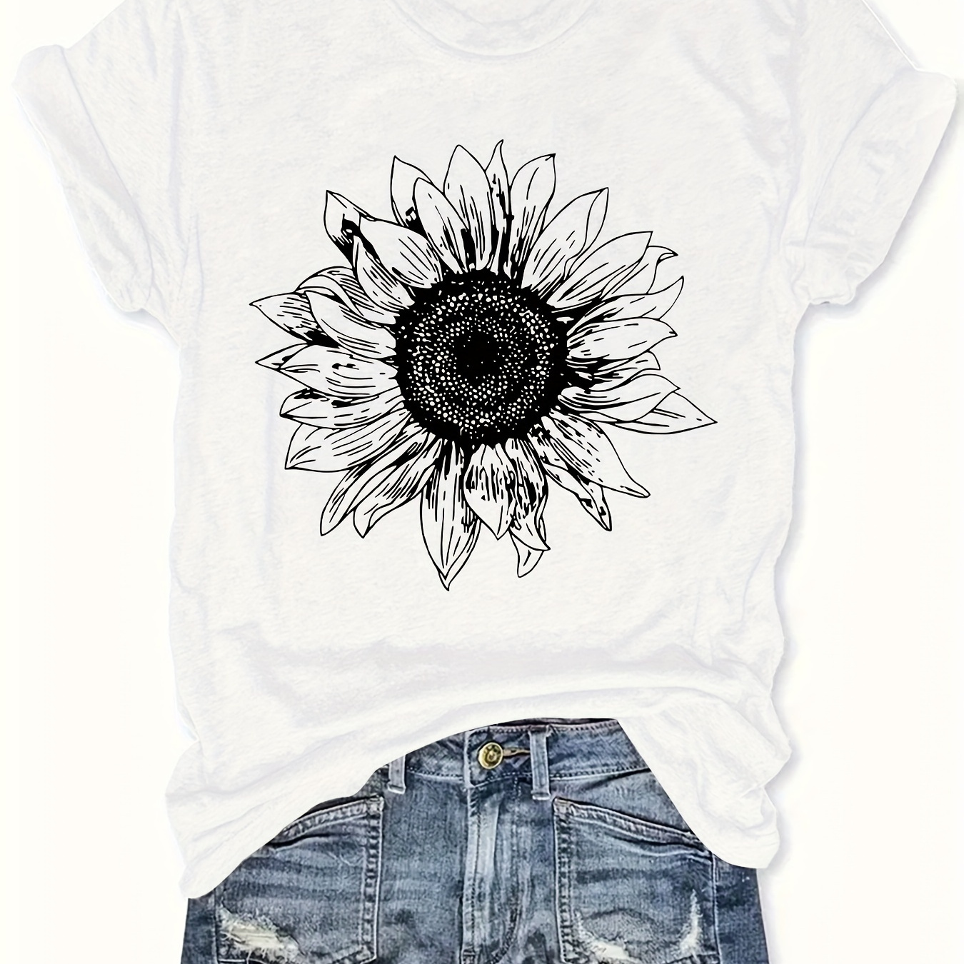 

Plus Size Sunflower Print T-shirt, Short Sleeve Crew Neck Casual Top For Summer & Spring, Women's Plus Size Clothing