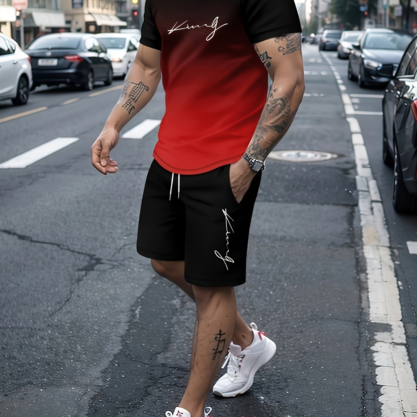 

2pcs Sportswear, Men's Gradient Graphic T-shirt & Active Slightly Stretch Breathable Shorts For Outdoor