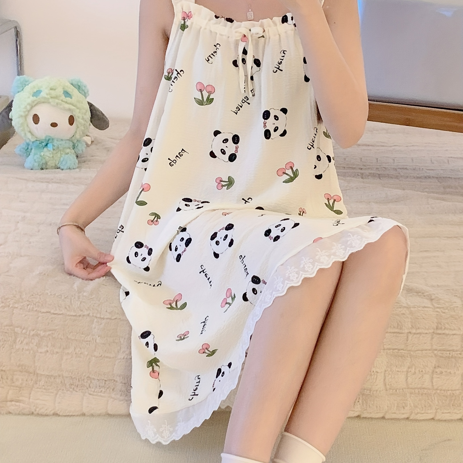 

Women's Cute Panda & Cherry Print Ruffle Trim Sleepwear Dress, Square Neck Tie Front Loose Fit Slip Dress, Comfortable Nightgown