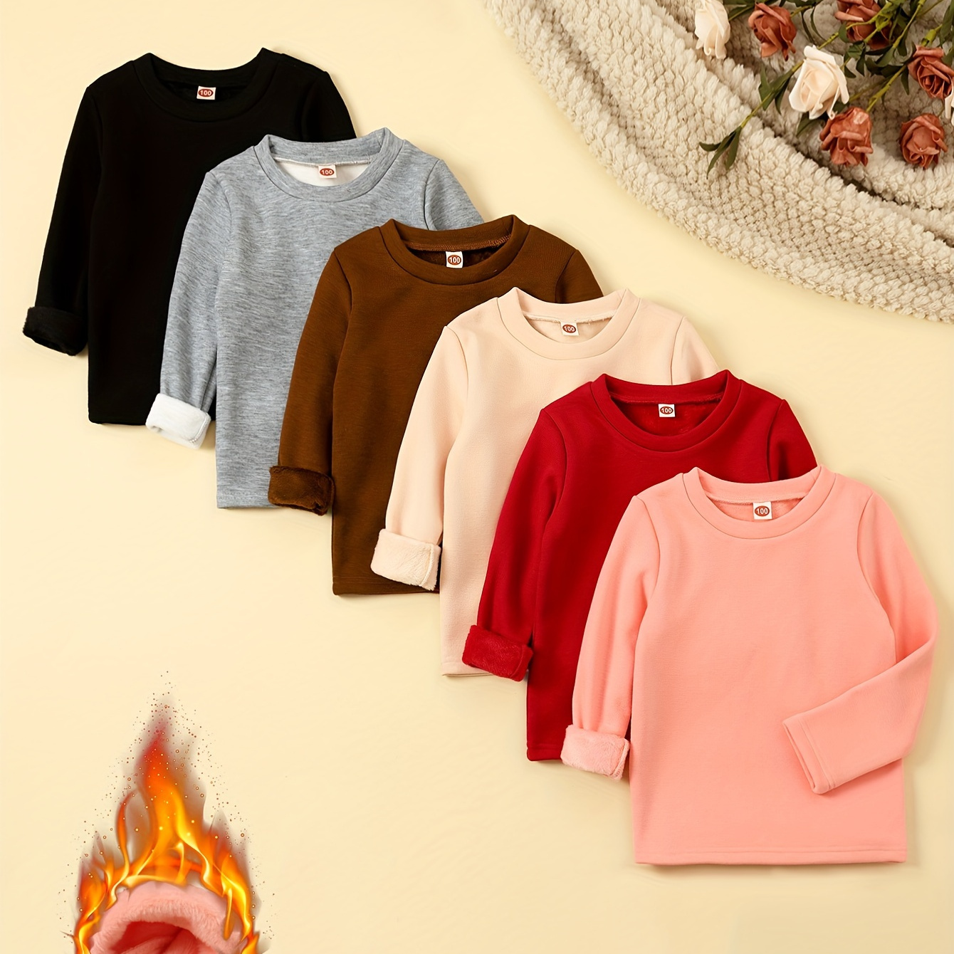 

[top-] 6pcs ' Fleece-lined Long T-shirts - , & For / | Assorted