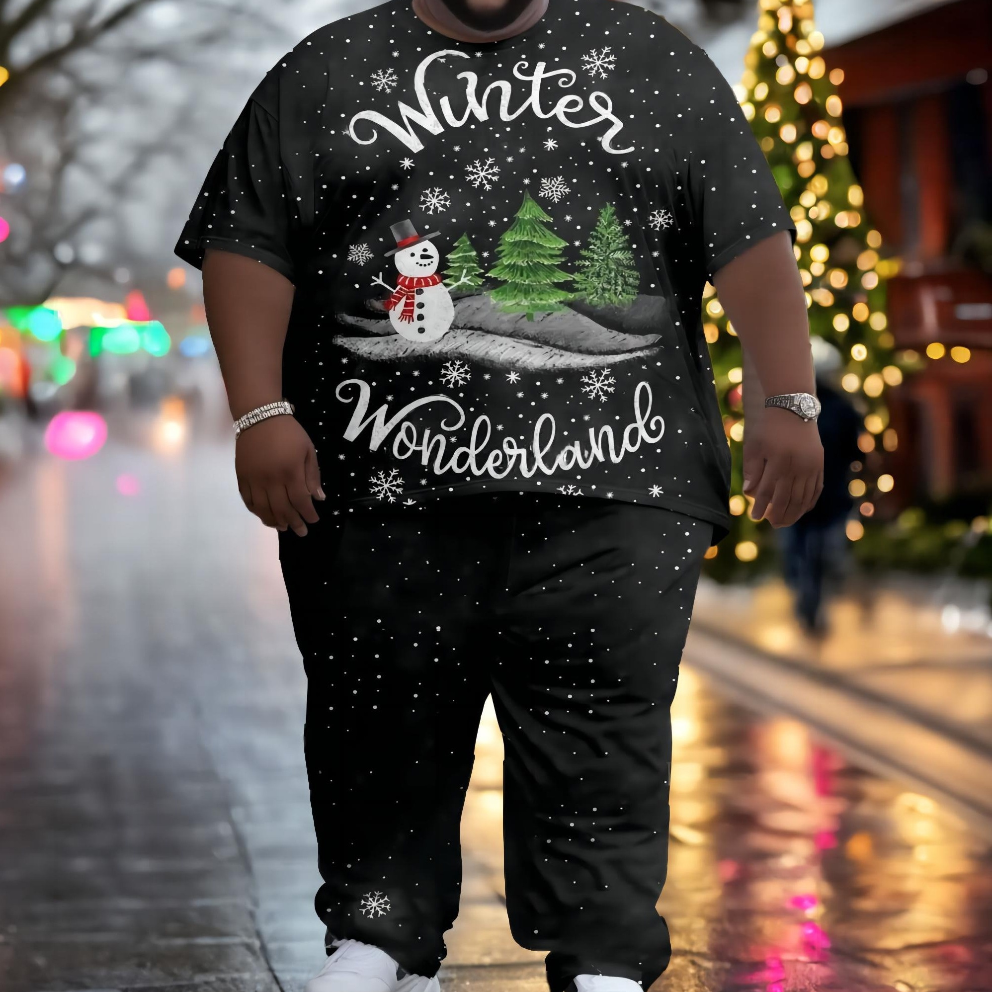 

2pcs, Men's Plus Size Outfit With Winter Snowman Christmas , Crew Neck Short Sleeve T-shirt & Sweatpants Set, Men's Outdoor Sports Set & Trendy Outfit For