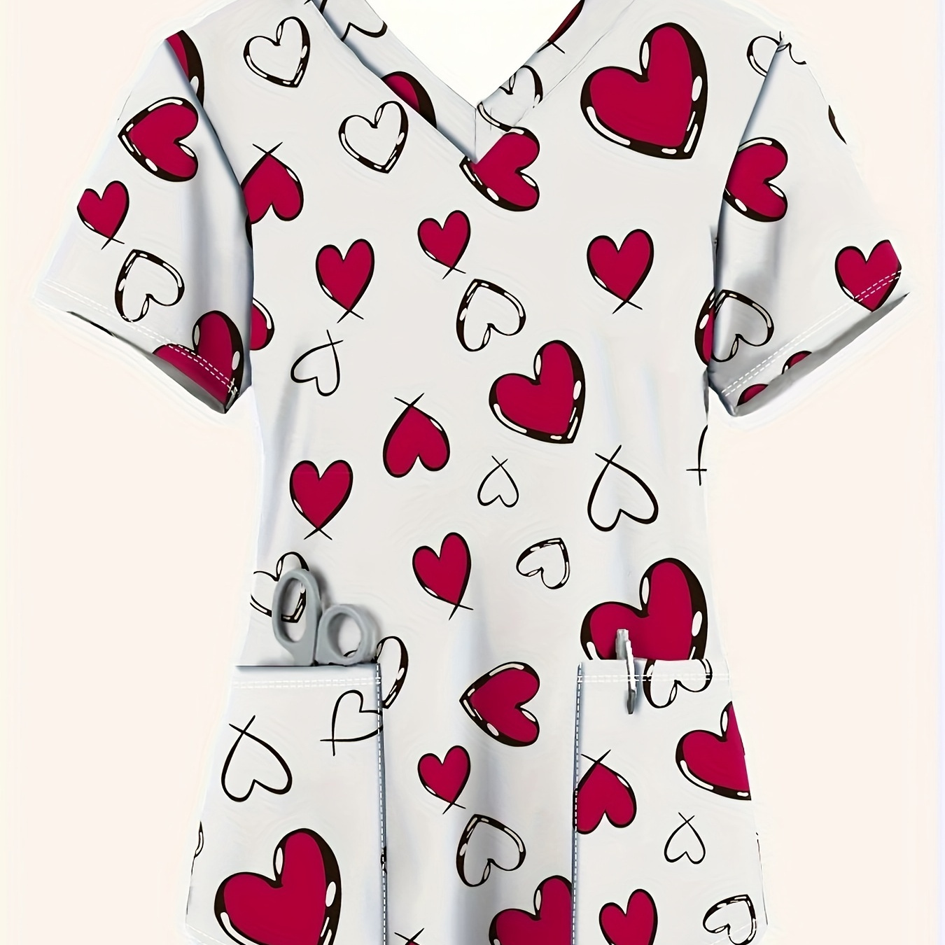 

1pc Women's Plus Size V-neck Short Sleeve Shirt With Heart Print, Casual Nurse Uniform Top With Pockets, Polyester Knit Fabric With Slight Stretch, Shirting