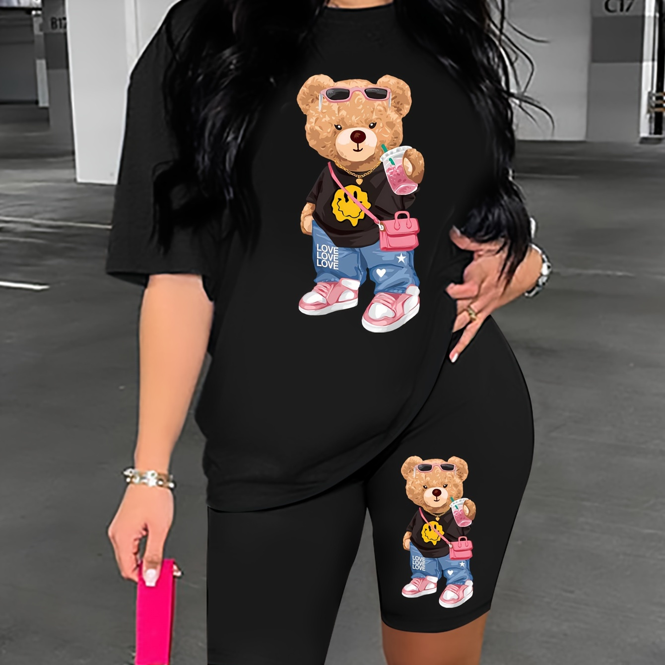 

Bear Print 2 Piece Set, Short Sleeves Crew Neck T-shirt & Skinny High Waist Shorts Leggings, Women's Clothing