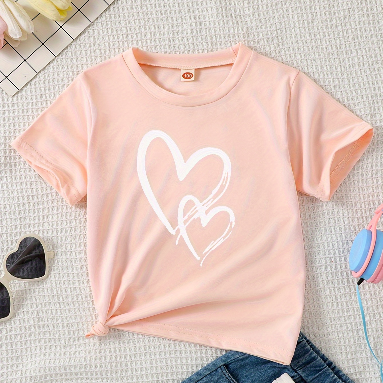 

Trendy Hearts Print Girls Creative T-shirt, Casual Lightweight Comfy Short Sleeve Crew Neck Tee Tops, Kids Clothings For Summer