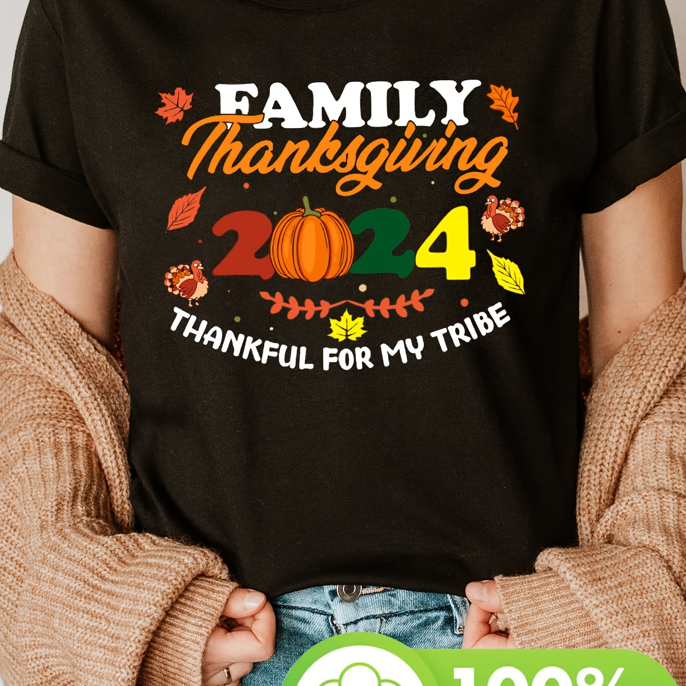 

Thanksgiving 2024 Pumpkin & Graphic Tee - Women's Cotton Casual Crew Neck T-shirt, Breathable & Machine Washable