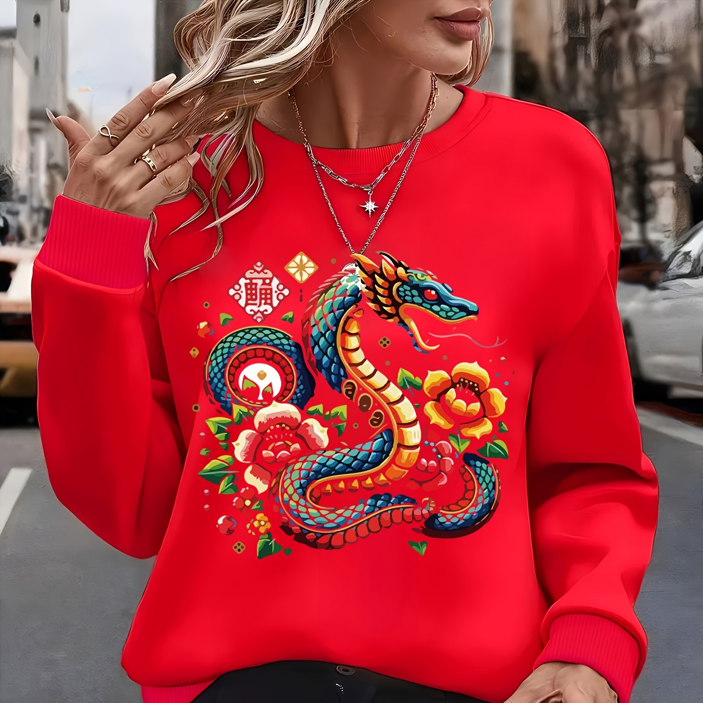 

1pc Élégant Sweat-shirt à manches longues et col rond pour femme avec motif , polyester, imprimé animal, pull toutes