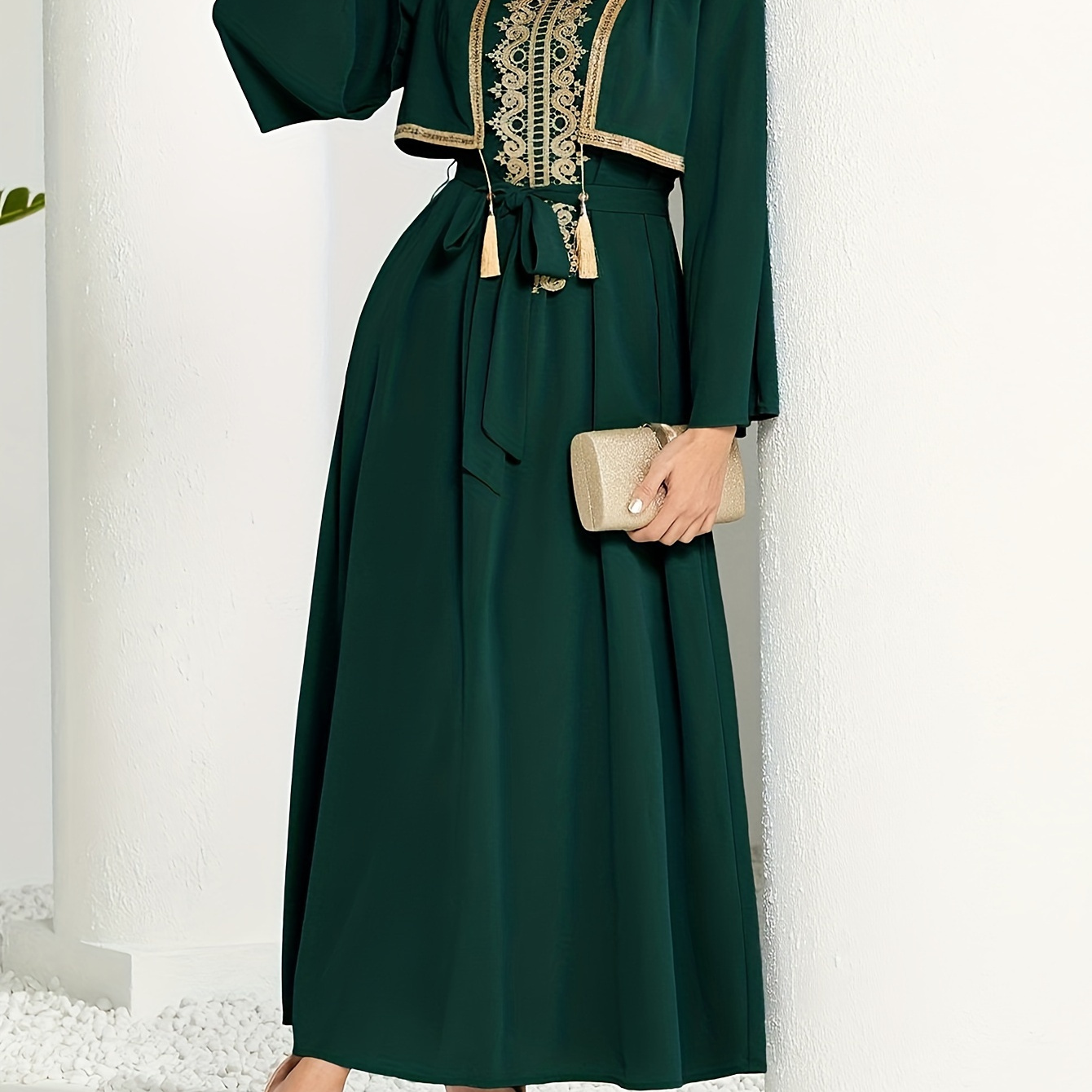 

2 In 1 Lace Trim V-neck Kaftan Dress, Elegant Long Sleeve Cinched Waist A-line Maxi Dress, Women's Clothing