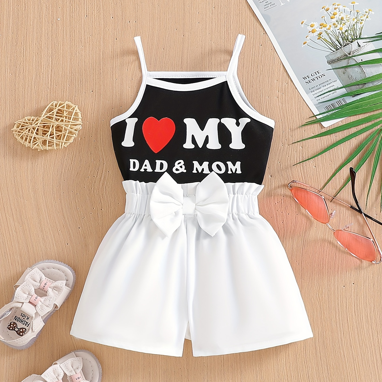 

Baby's "i Love My Dad & Mom" Print 2pcs Casual Summer Outfit, Cami Top & Bowknot Shorts Set, Toddler & Infant Girl's Clothes For Daily/holiday/party