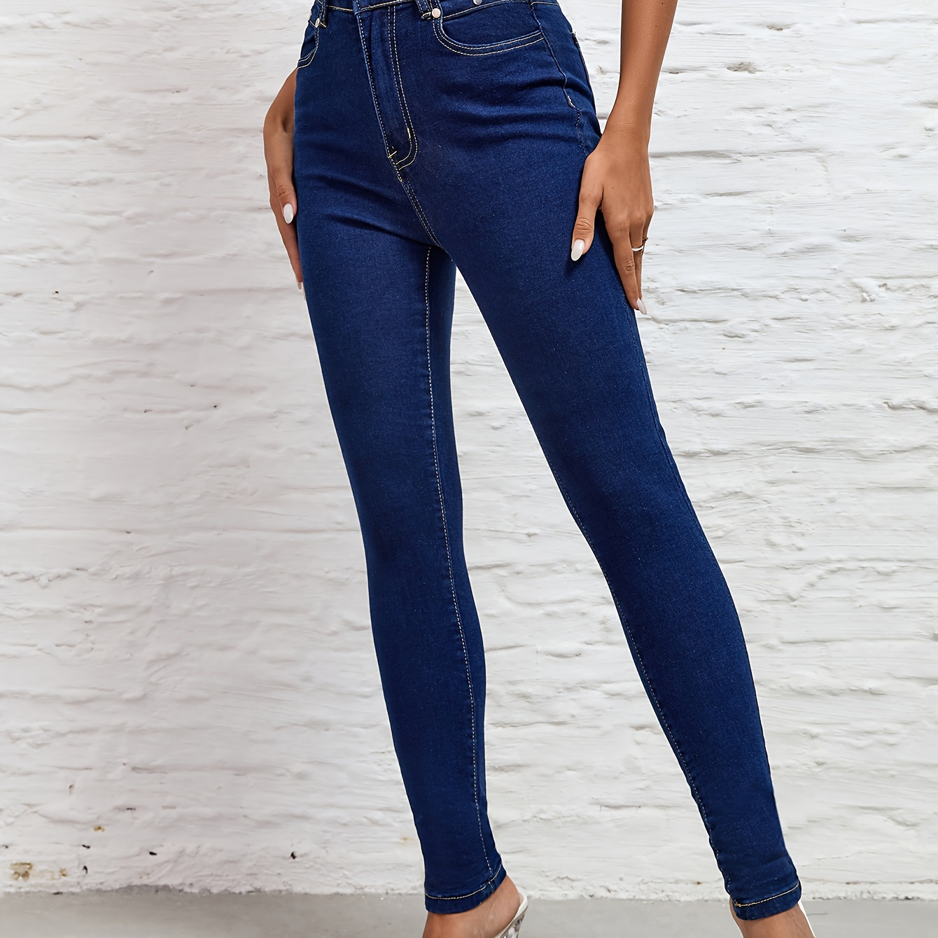 

Deep Blue Stretchy High Waist Denim Pants, Slash Pocket Sexy Classic Skinny Jeans, Women's Denim Jeans & Clothing