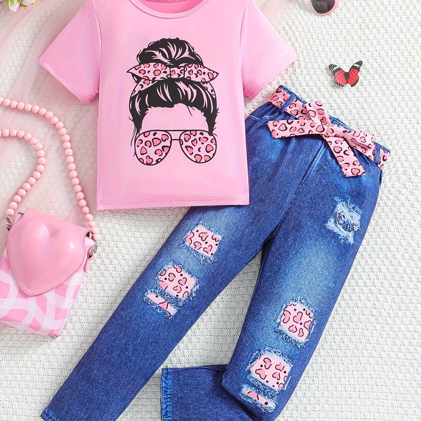 

Girls 2pcs Imitation Denim Print Trousers + Potrait Graphic T-shirt Top With Belt