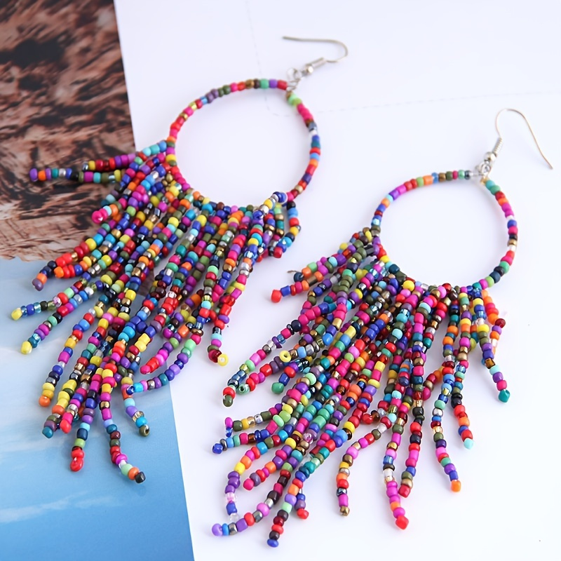 

Handmade Multicolor Beads Tassel Boho Earrings For Women Vintage Jewelry Long Big Statement Earrings