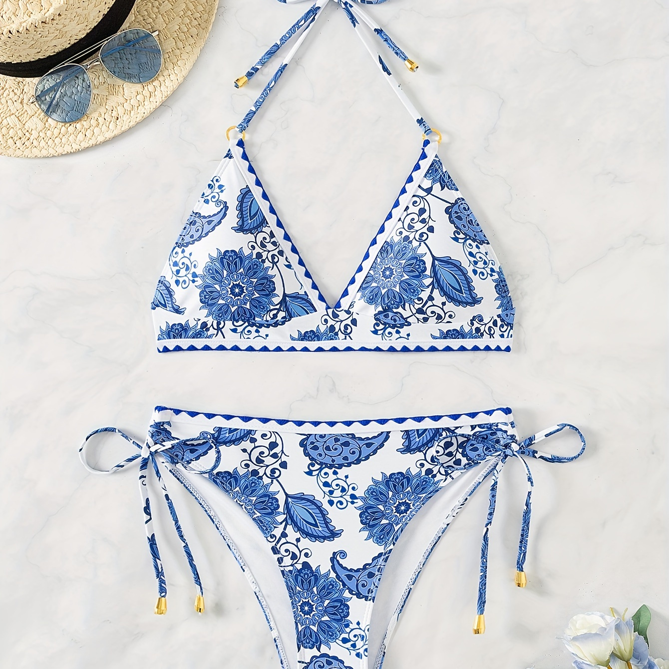

Floral Pattern 2 Piece Set Bikini, Halter Neck Tie Side High Cut Swimsuits, Women's Swimwear & Clothing
