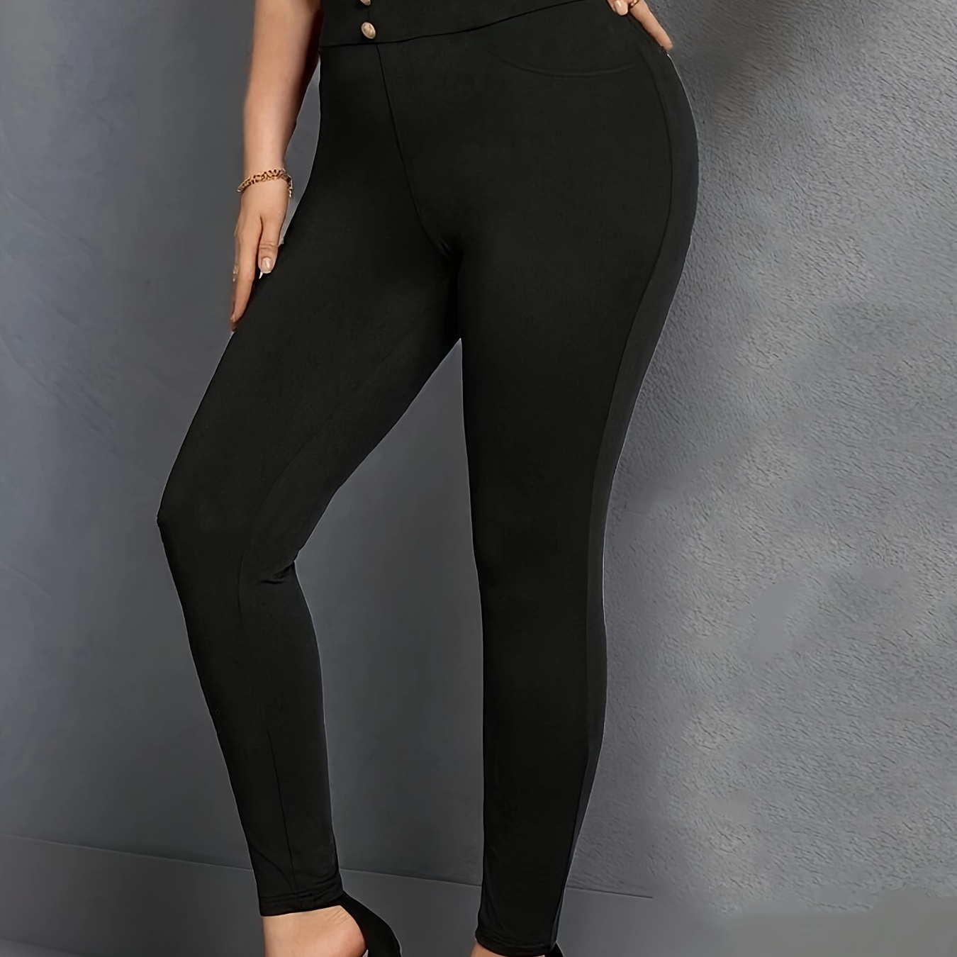 

Pantalon Amincissant Chic Grande Taille Taille Haute - Tissu Extensible, Détail Bouton, Lavable en Machine - pour /Automne