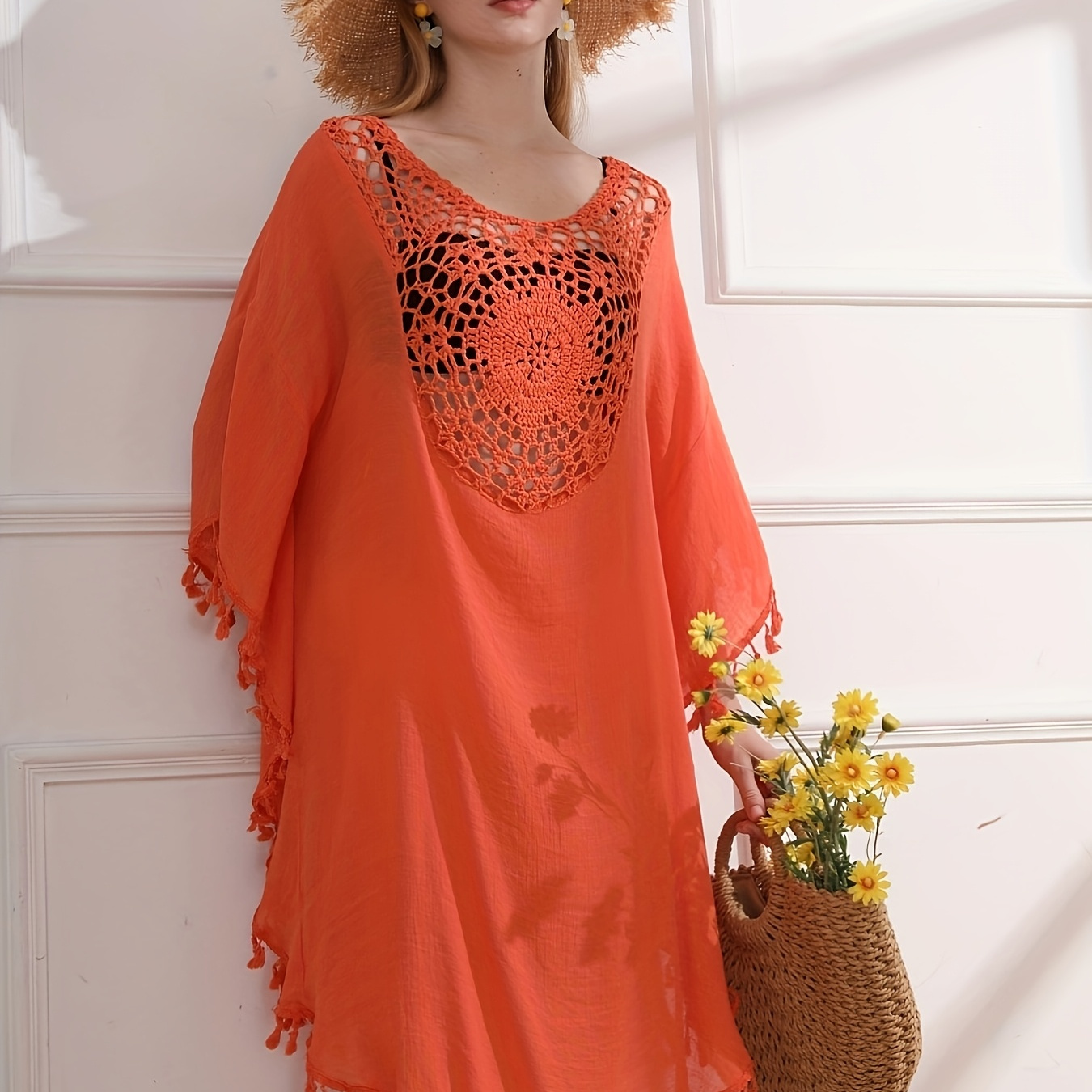 

[summer Outerwear] Elegant Black Crochet & Tassel Beach Cover-up Dress - V-neck, Batwing Sleeves, Loose Fit, Non-sheer Polyester - Spring/summer