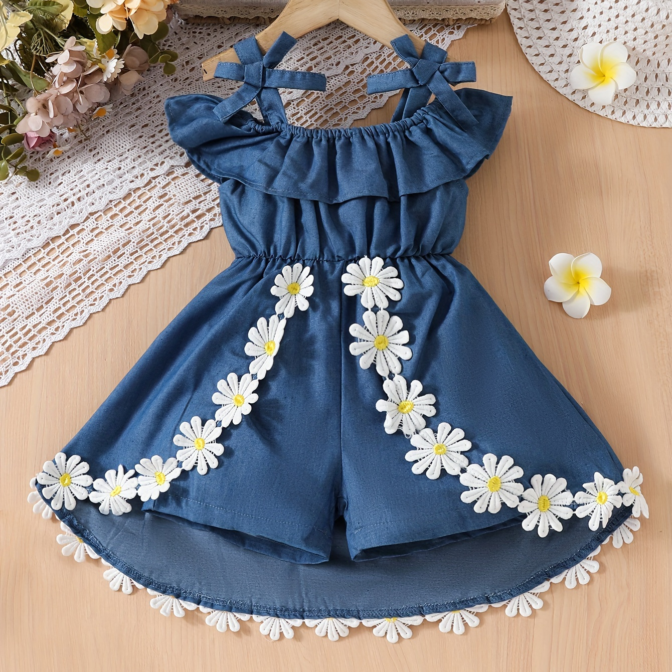 

Baby's Stylish Daisy Embroidered Off-shoulder Dress, Infant & Toddler Girl's Clothing For Summer Holiday Party, As Gift
