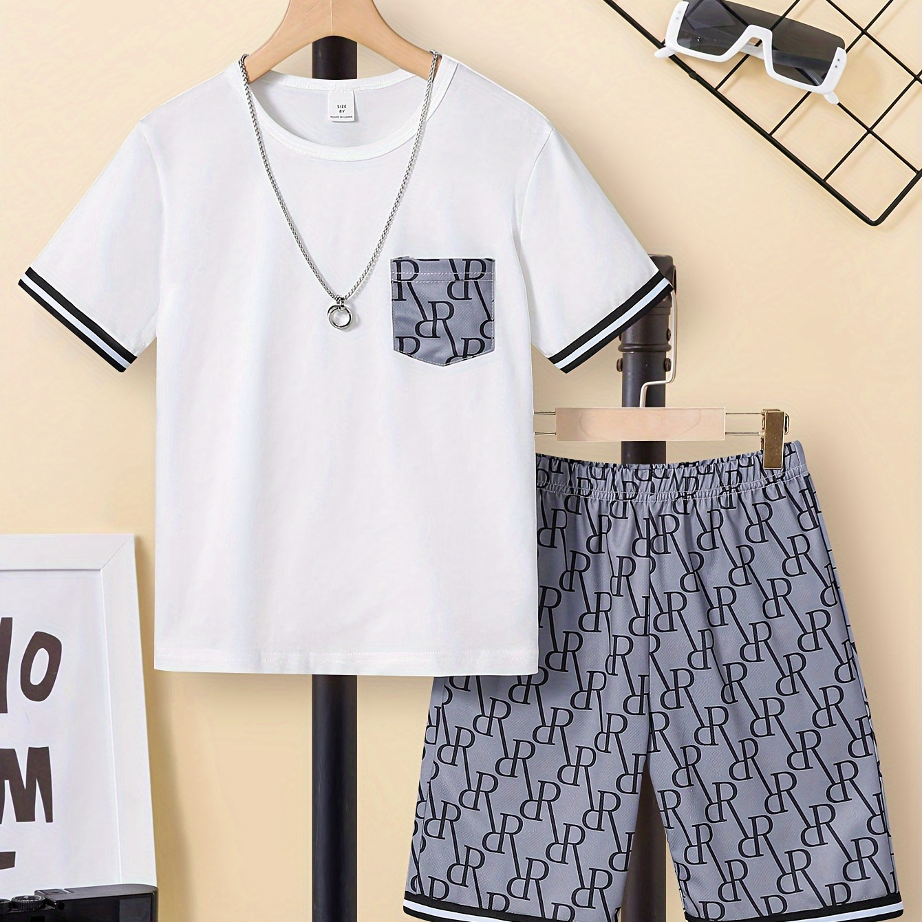 

2pcs Boys Casual Letter R Graphic Print Short Sleeve T-shirt & Shorts Set, Comfy Summer Boys Clothes