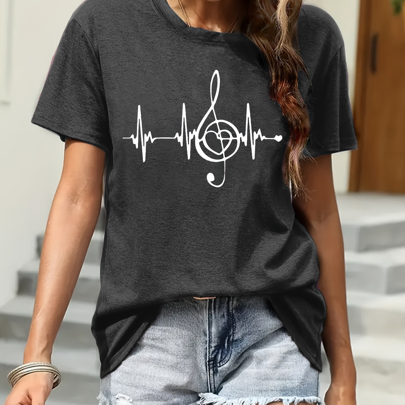 

Musical Note Print T-shirt, Short Sleeve Crew Neck Casual Top For Summer & Spring, Women's Clothing