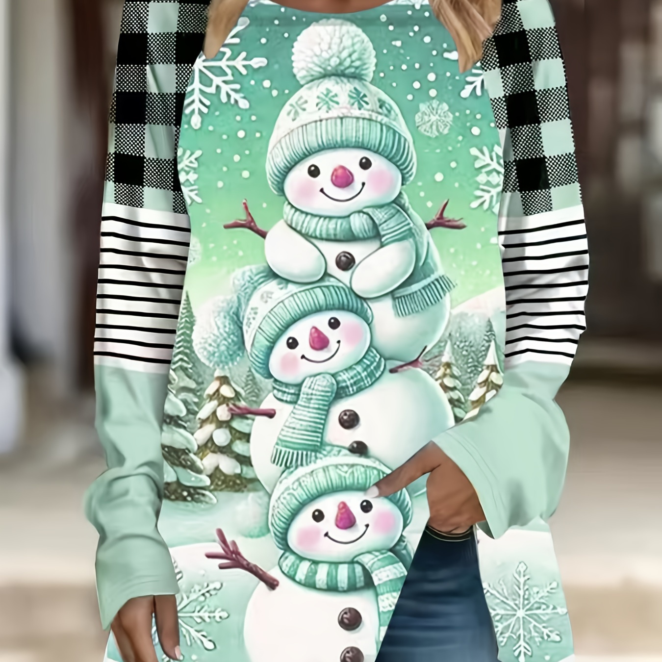 

Plus Size Christmas T-shirt With Snowman Print - Elegant Crew Neck Long Sleeve Top, Polyester Knit Fabric With Spandex, Medium Stretch, Fall/winter Season Tee