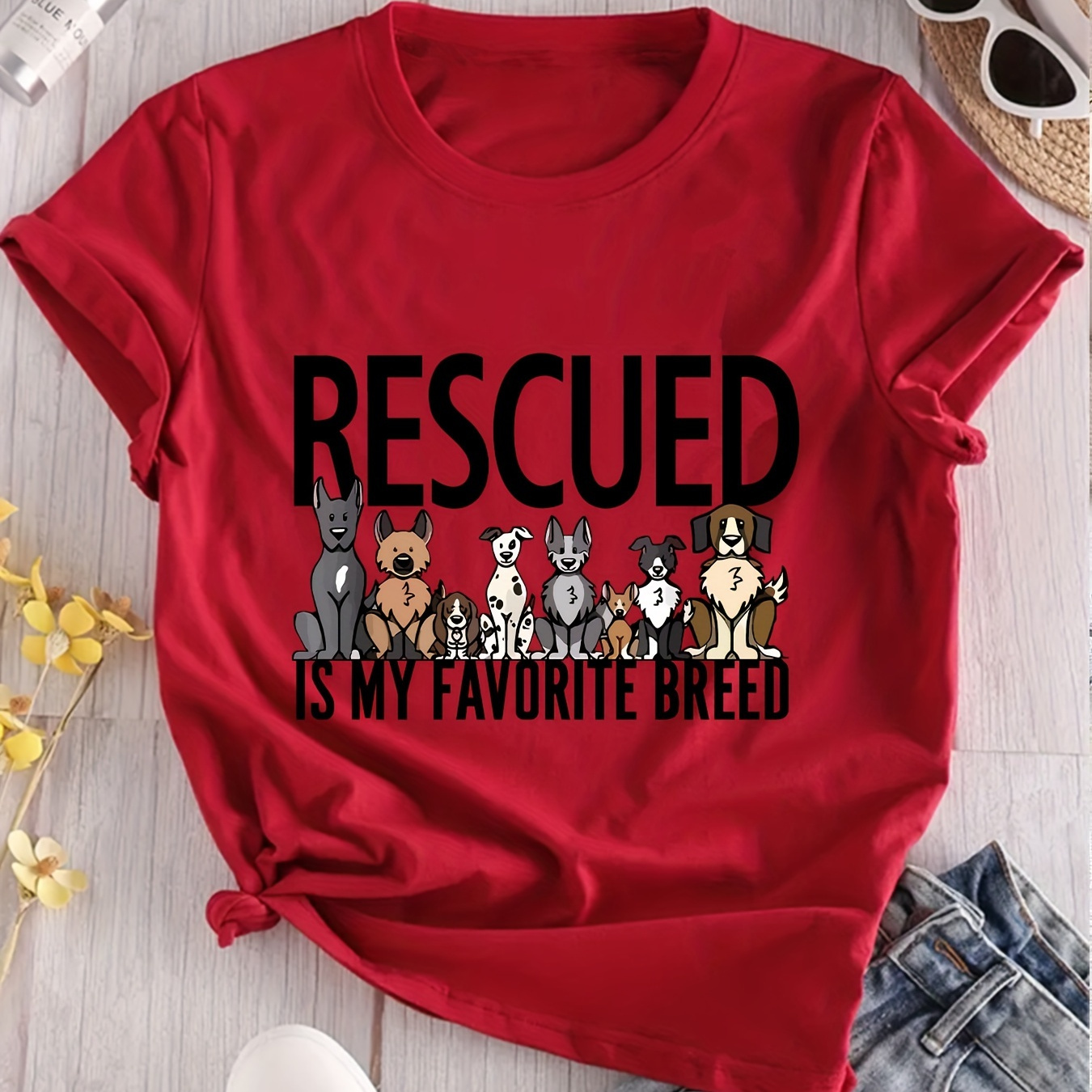 

Plus Size Letter & Puppy Print T-shirt, Casual Short Sleeve Crew Neck Top For Summer & Spring, Women's Plus Size Clothing