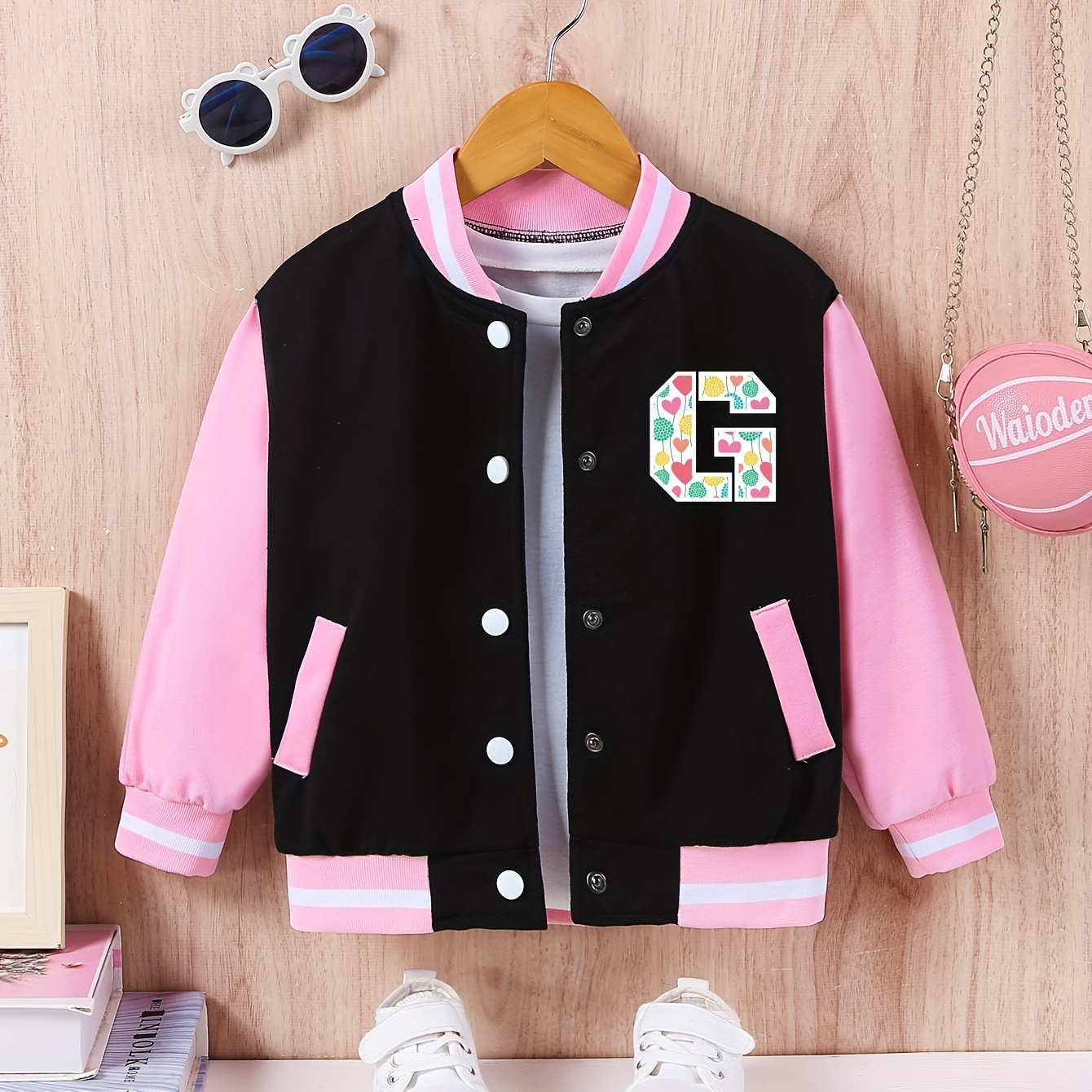 

Girls (1-13y) Trendy Alphabet 'g' Graphic Varsity Jacket, Band Collar Color Block Sporty Uniform Bomber Jackets