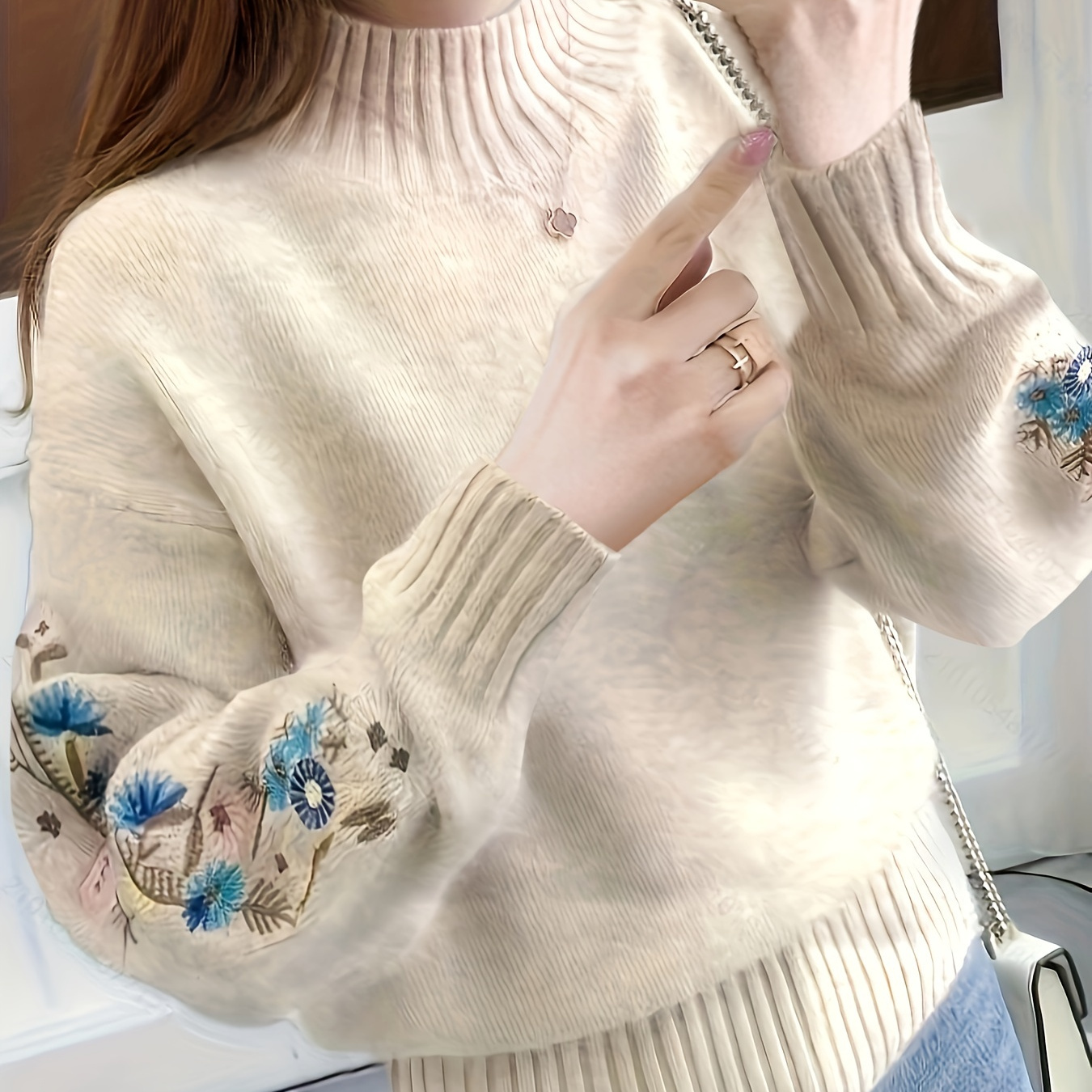 

Floral Pattern Mock Neck Sweater, Vintage Long Sleeve Sweater For Fall & Winter, Women's Clothing