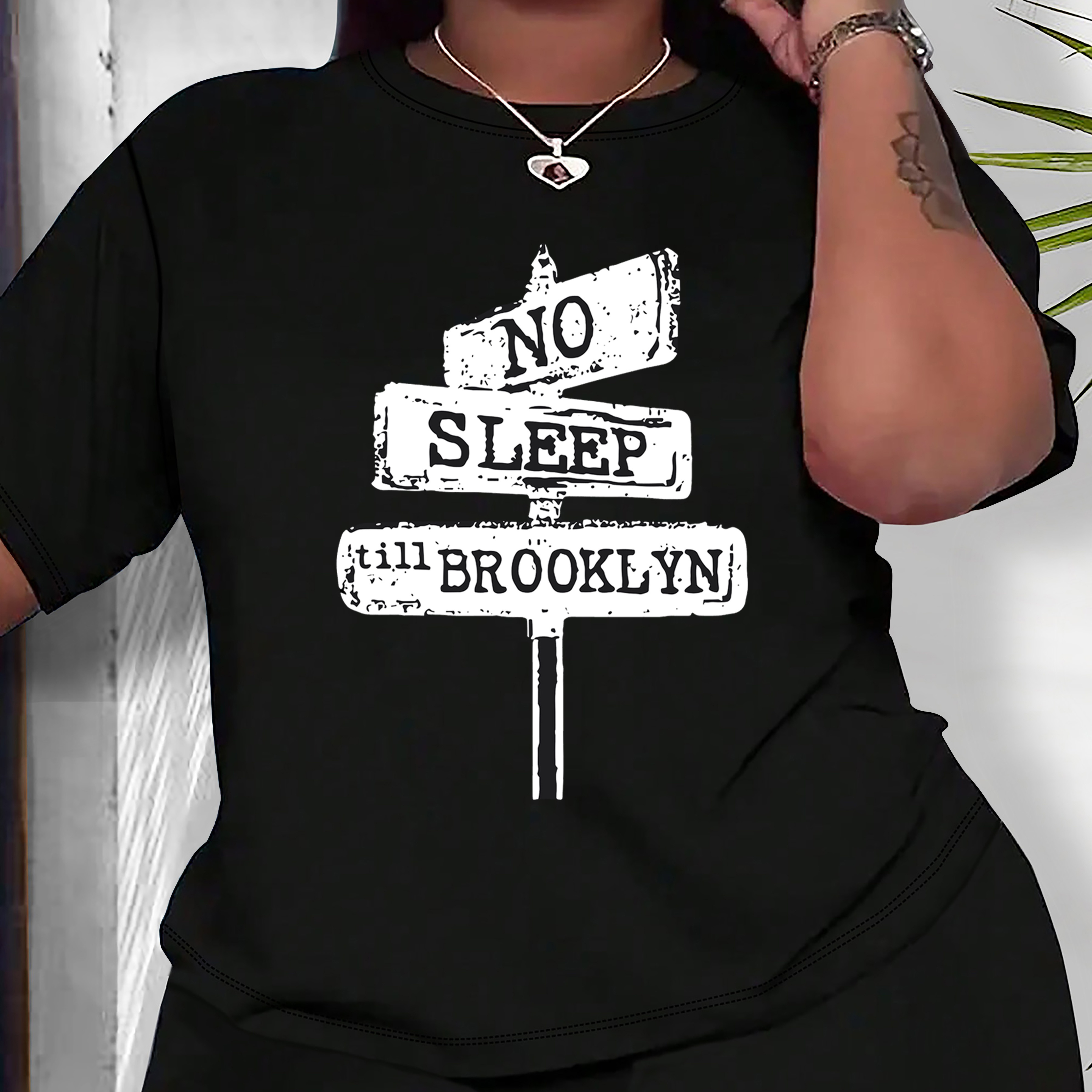 

Women's Plus Size Casual Short Sleeve T-shirt With "no Sleep Till Brooklyn" Print, Fashionable Loose Fit Tee, Extended Sizes