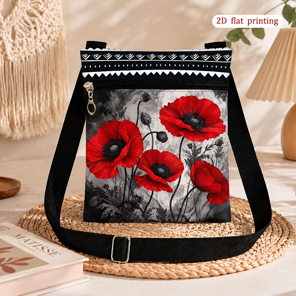 TEMU 1pc Red Poppy Wash Style Printed Crossbody Bag, For Daily Use, Fashionable Lightweight Small Shoulder Bag, Vintage Art Pattern Reusable