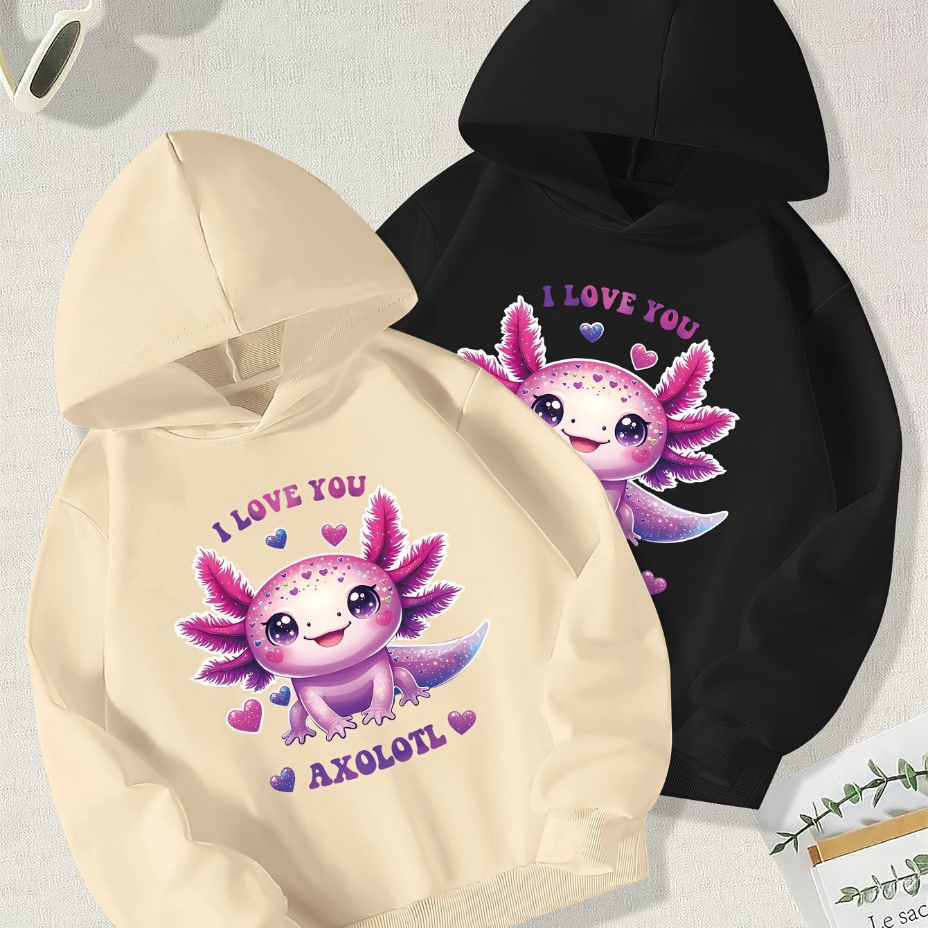 

2-piece Girl's Fashion Hoodies - Soft And Cozy Polyester Blend, Creative Axolotl Print, Long-sleeve Casual Pullover For Fall/winter