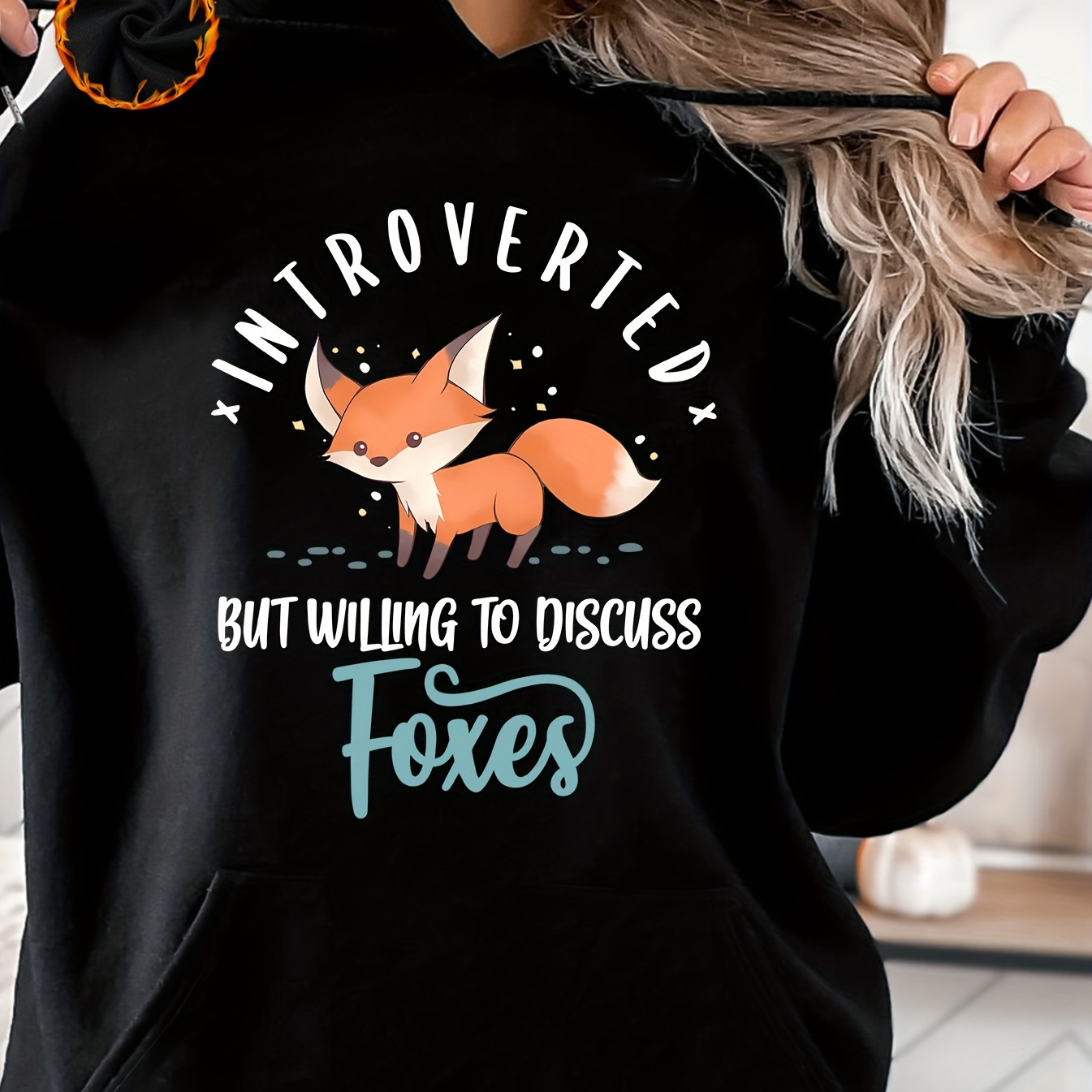 

Plus Size Fox & Letter Print Hoodie, Drawstring Casual Hooded Sweatshirt For Winter & Fall, Women's Plus Size Clothing