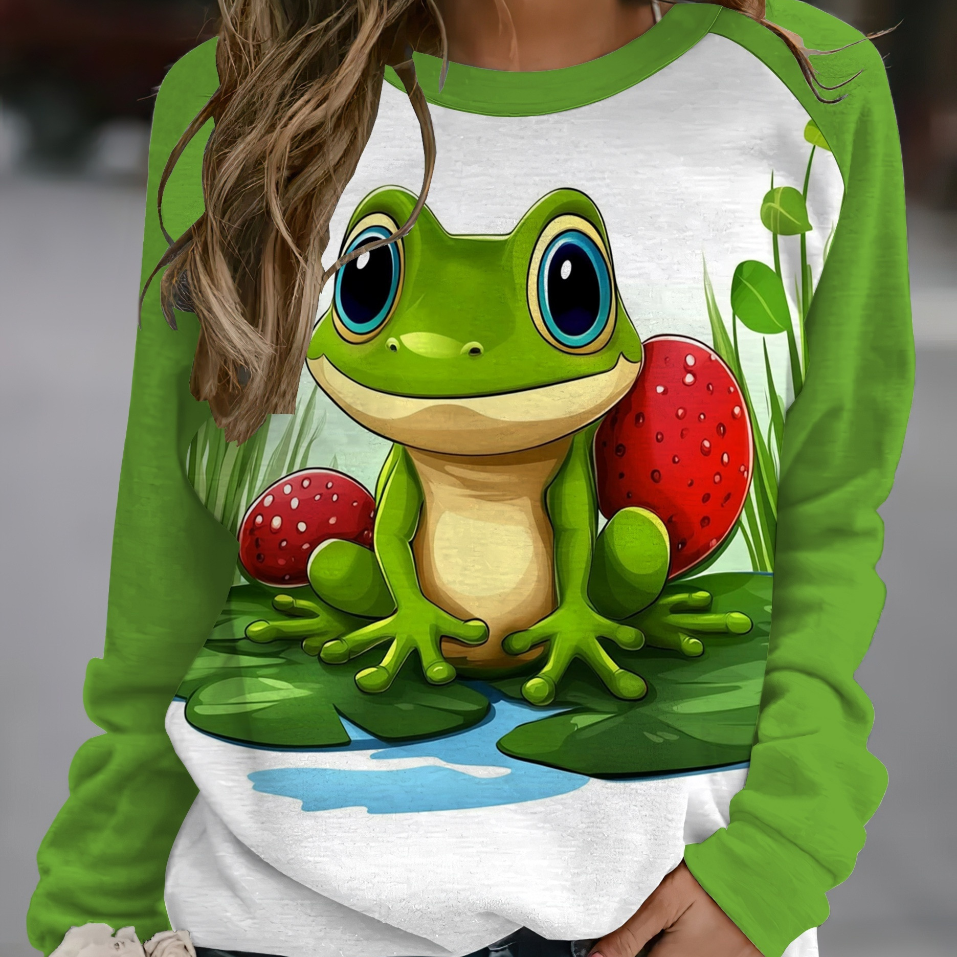 

Cute Frog Cartoon 3d Print Animal Print Long Sleeve T-shirt For Women, Casual Polyester Knit Fabric, Round Neck, Spring/fall Season, Regular Fit