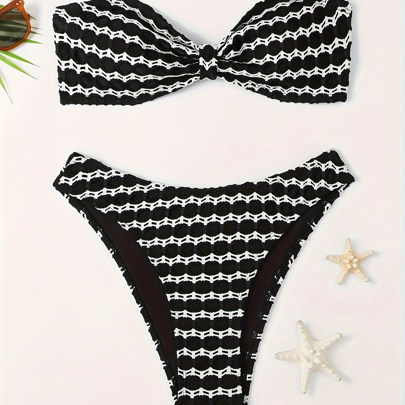 

Wavy Striped Bikini Set, Knotted Front Bandeau Top With High Cut Bottoms, Summer Beachwear, Swimwear For Women