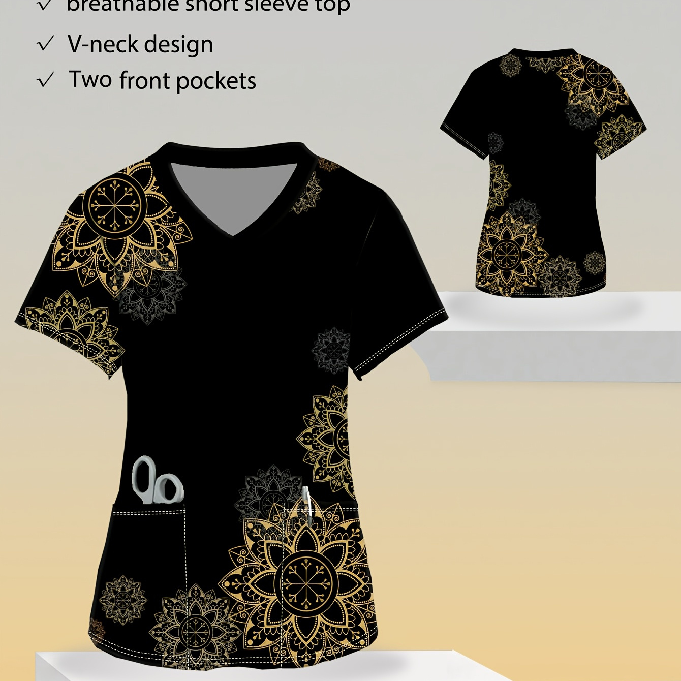 

Women' V-neck Short Sleeve Top With Elegant Golden Geometric Print - Comfortable Uniform With Pockets, Breathable Polyester & Spandex , Machine Washable, Short Sleeve, Uniform