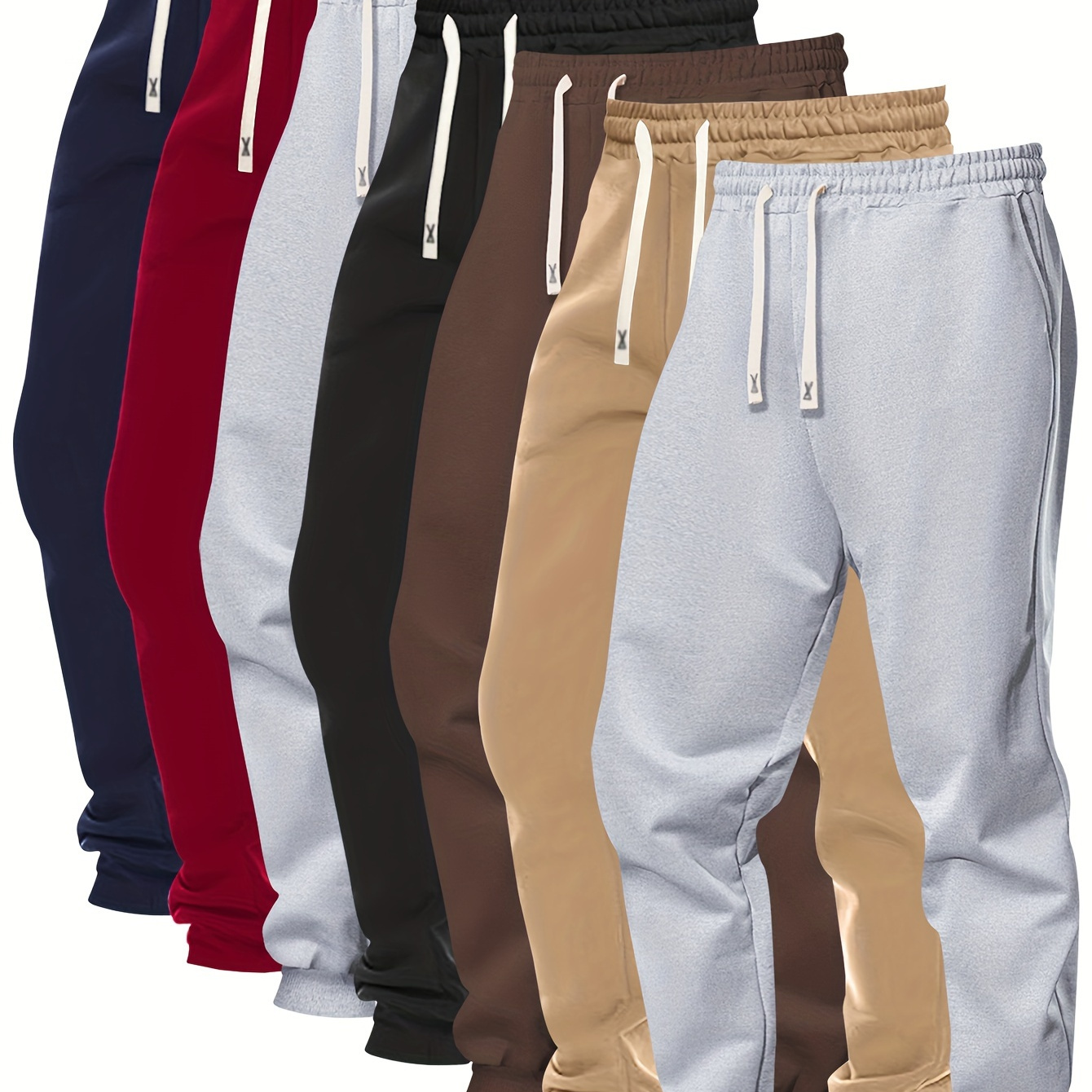 

7-pack Men' Polyester Joggers With Pockets, Solid Color, Slight Stretch, Regular Fit Casual Sweatpants With Drawstring Waist