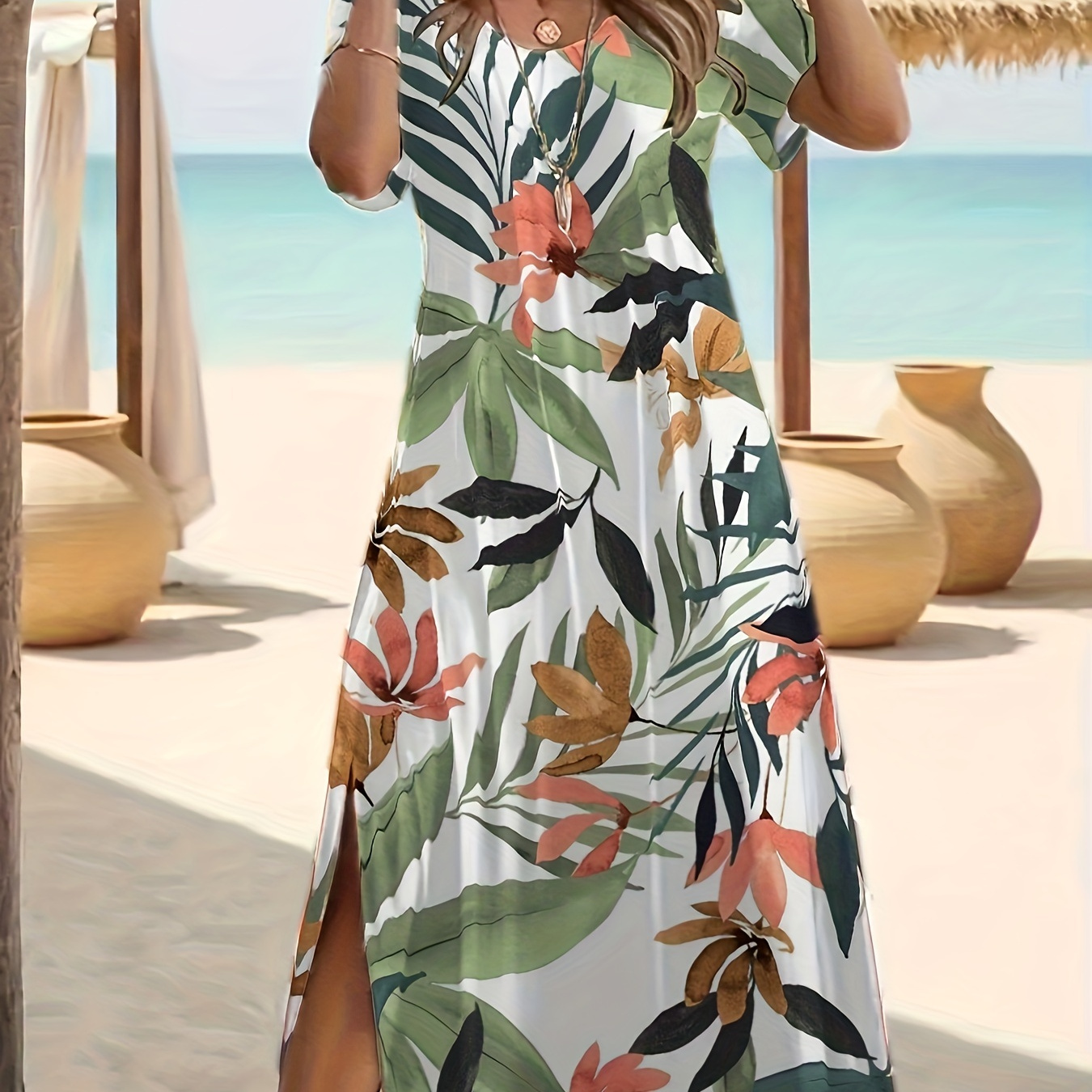 

Robe à col rond à imprimé floral, robe trapèze à manches courtes et ourlet fendu de style vacances pour et l'été, vêtements pour femmes