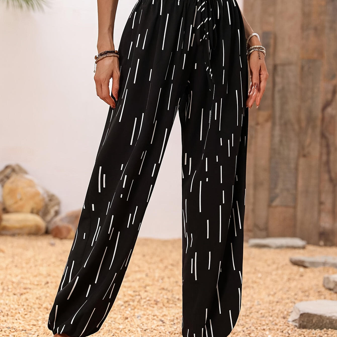 

Pantalon large à imprimé intégral, taille haute avec cordon factice, décontracté et polyvalent pour le printemps et l'été, vêtements pour femmes