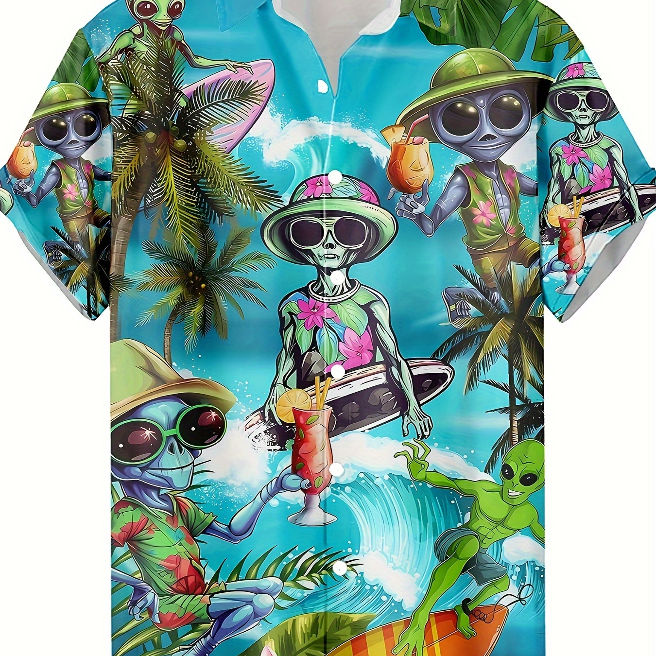 

Men's Fashion Hawaiian Style Shirt, Novelty Aliens Pattern Allover Print Short Sleeve Button Up Lapel Shirts For Summer Resort Vacation