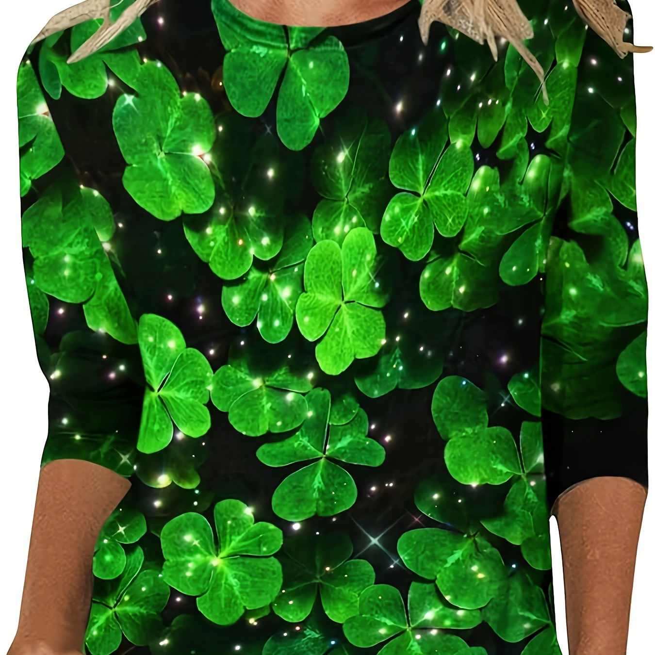

Clover Print Crew Neck T-shirt, Casual Long Sleeve Top For Spring & Fall, Women's Clothing