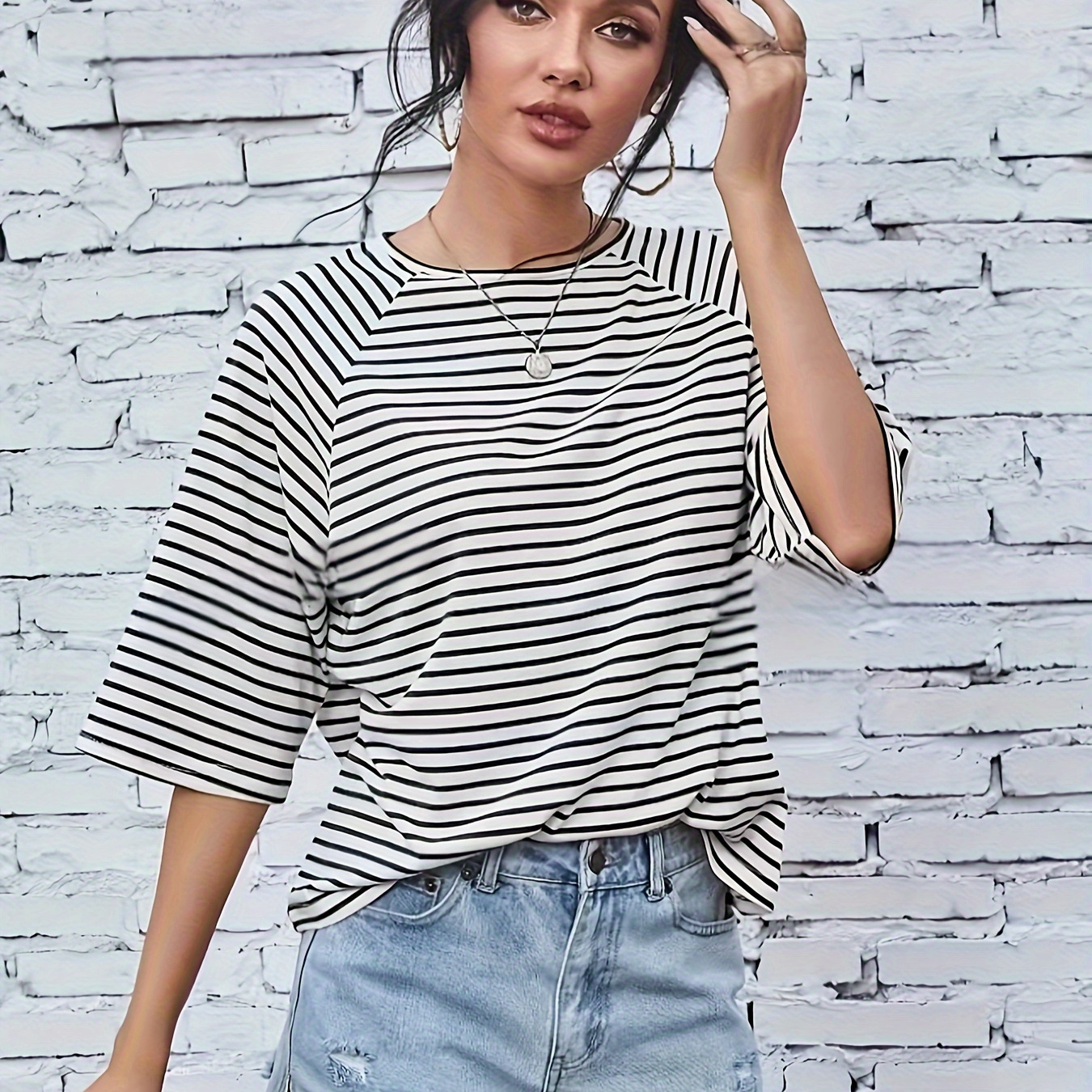 

Striped Crew Neck T-shirt, Casual Raglan Short Sleeve T-shirt For , Women's Clothing