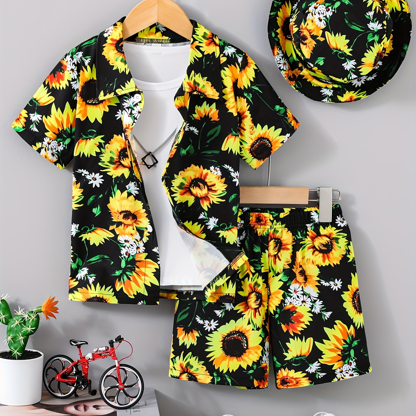 

2pcs, Allover Floral Graphic Short Sleeve Lapel Shirt + Shorts Set With Hat For Boys, Breathable Set Casual Summer Gift