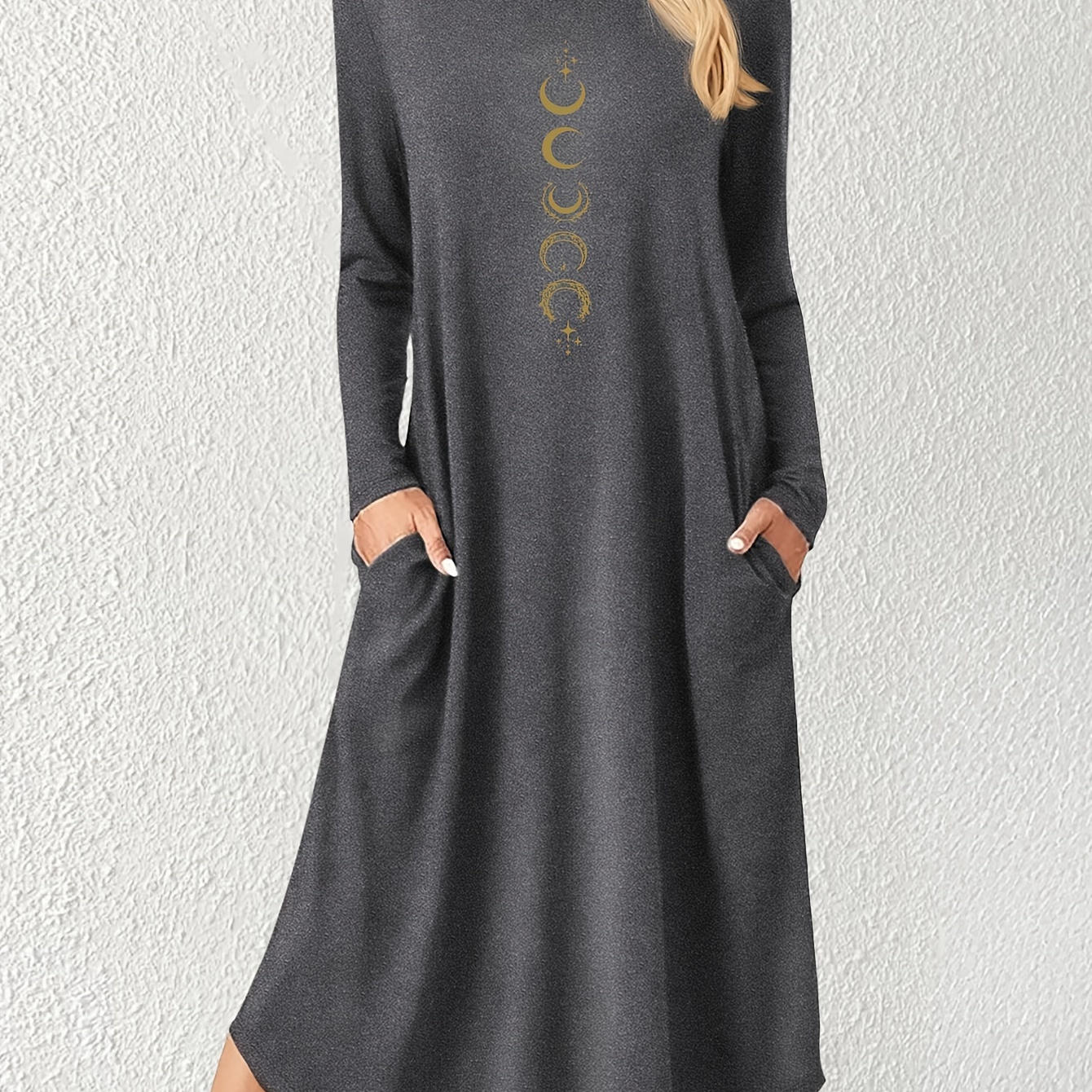 

Robe à Imprimé et Col Rond, Robe Décontractée à Manches Longues et Poches pour & , Vêtements pour Femmes