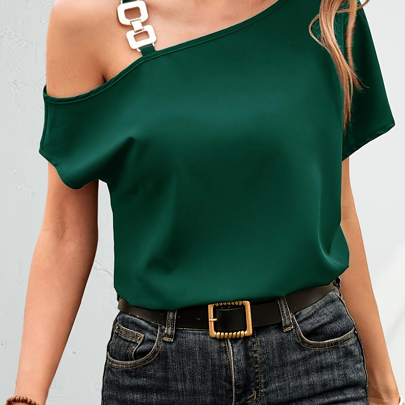 

Chain Strap Asymmetrical Blouse, Elegant Short Sleeve Slant Shoulder Top For Spring & Summer, Women's Clothing